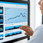 A professional individual, fully clothed in modest, modern attire, interacts with a sleek, translucent digital interface displaying personalized wellness data. The interface shows dynamic charts and health metrics related to sleep patterns, stress levels, and daily activity. The background is a clean, bright, minimalist digital environment, evoking a sense of accessibility and 24/7 availability. The person has a calm, contemplative expression, representing self-awareness and control. Perfect anatomy, correct proportions, natural pose, well-formed hands, proper finger count, natural body proportions. Safe for work, appropriate content, fully clothed, professional photography, high quality.