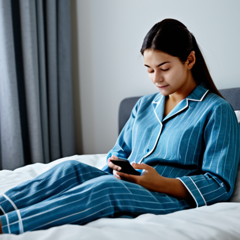Sleep Improvement**
"A woman in comfortable pajamas, sitting on the edge of her bed, looking at a sleep tracking app on her phone, soft lighting, calm environment, fully clothed, modest clothing, appropriate attire, safe for work, perfect anatomy, natural proportions, professional photography, high quality. Focus on the serene expression and the interface of the sleep app, suggesting restful sleep."
**