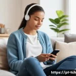 Home 18 테크노웰빙 서비스의 대중화 - A modern, cozy living room scene featuring a young adult woman sitting comfortably on a sofa, using ...