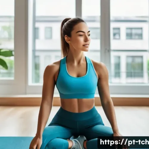 Home 29 AI 기반의 운동 추천 서비스 - A young adult woman wearing sporty workout clothes and a fitness smartwatch, exercising at home in a...