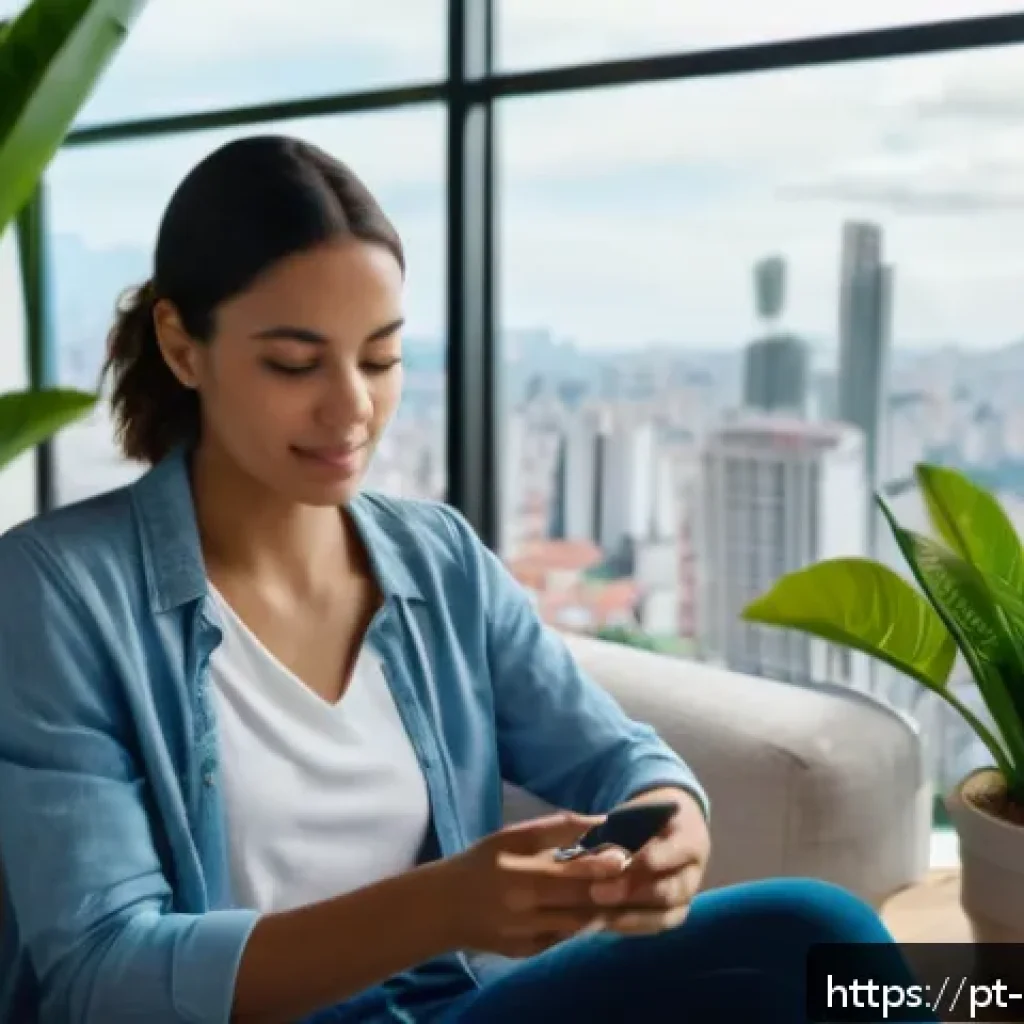 테크노웰빙과 유전자 분석의 통합 - A modern Brazilian woman in her 30s wearing smart casual clothing and a smartwatch, sitting comforta...