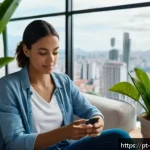 Home 16 테크노웰빙과 유전자 분석의 통합 - A modern Brazilian woman in her 30s wearing smart casual clothing and a smartwatch, sitting comforta...