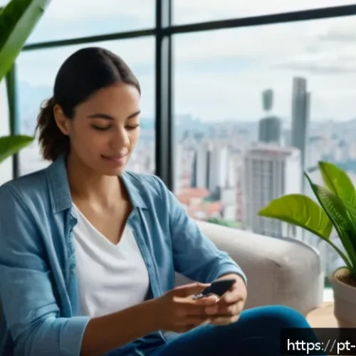 Home 28 테크노웰빙과 유전자 분석의 통합 - A modern Brazilian woman in her 30s wearing smart casual clothing and a smartwatch, sitting comforta...